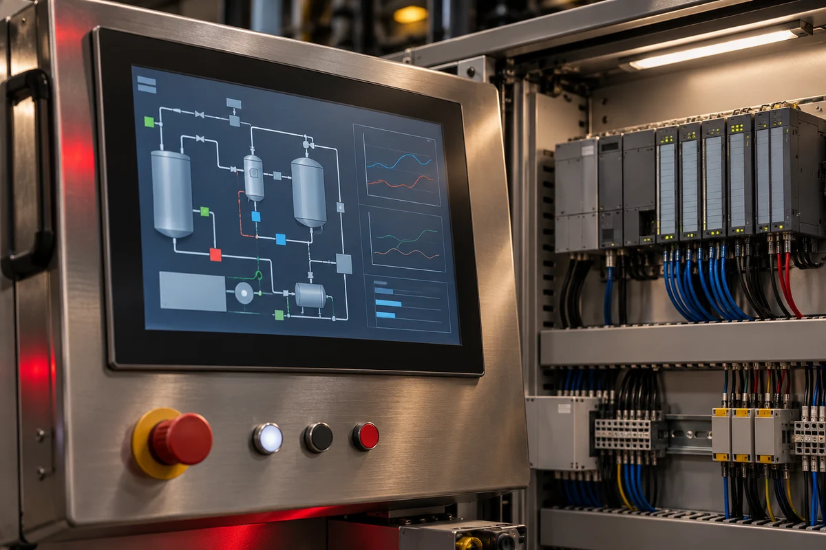 หน้าจอ HMI และอุปกรณ์ PLC สำหรับระบบควบคุมอัตโนมัติ